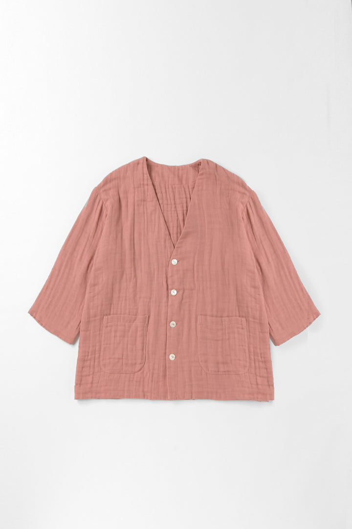 あたたかいメンズVネックはおり<br>綿ワッシャー　ピンク