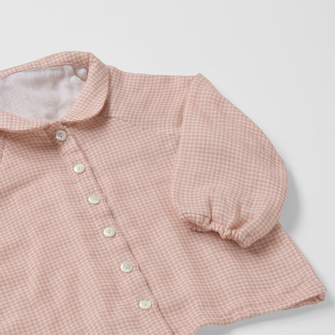 あたたかいガーゼ袖ゴムパジャマ<br>ピンクチェック<br>80-100㎝