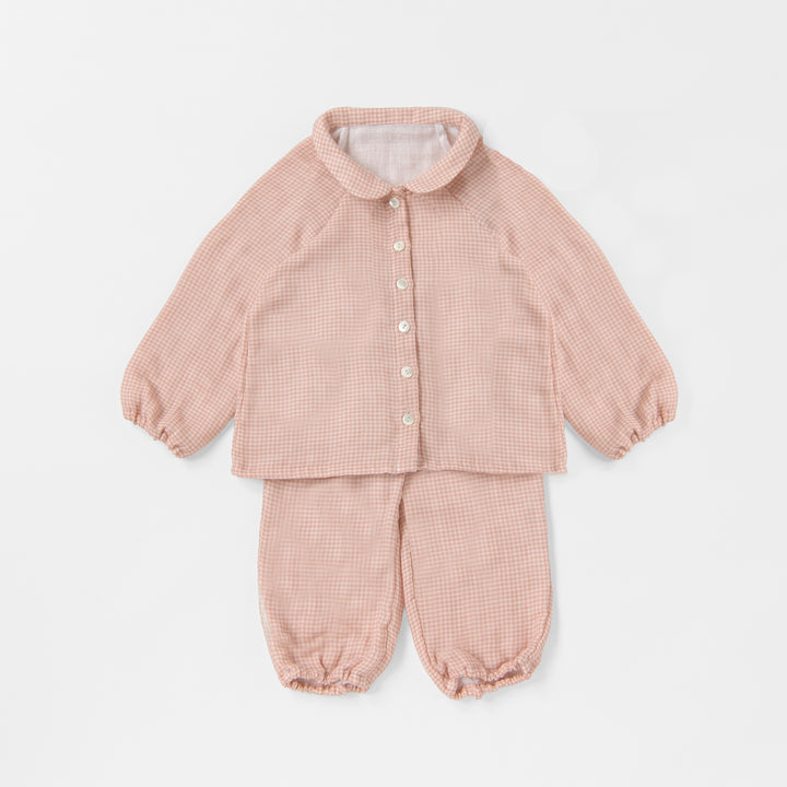 あたたかいガーゼ袖ゴムパジャマ<br>ピンクチェック<br>80-100㎝