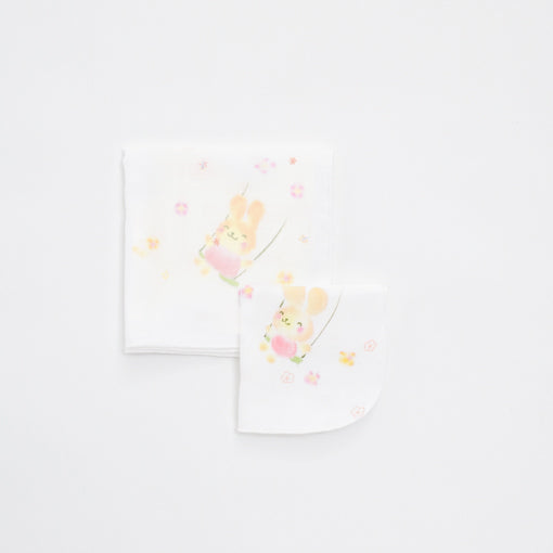 ガーゼハンカチ<br>手描うさぎブランコ