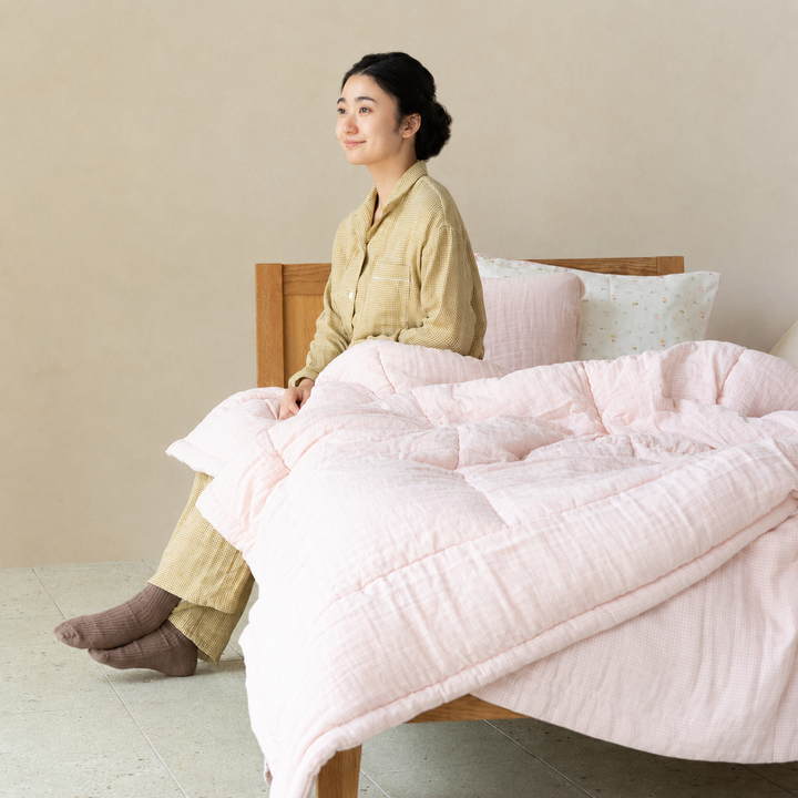 薄綿布団<br>綿ワッシャー<br>ギンガムチェックピンク